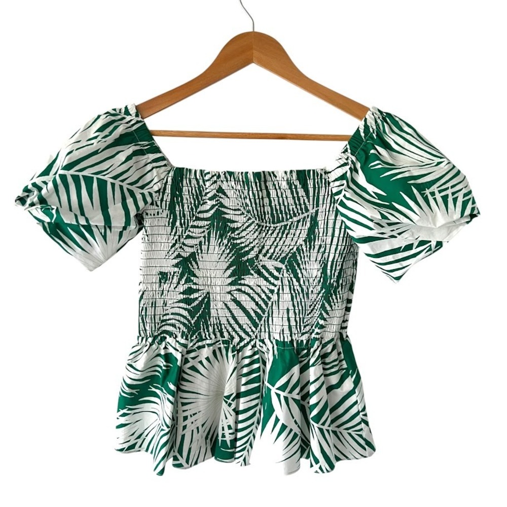 Milly Bailey Palm Print Top NWT Size L Green White Smocked Peplum $275